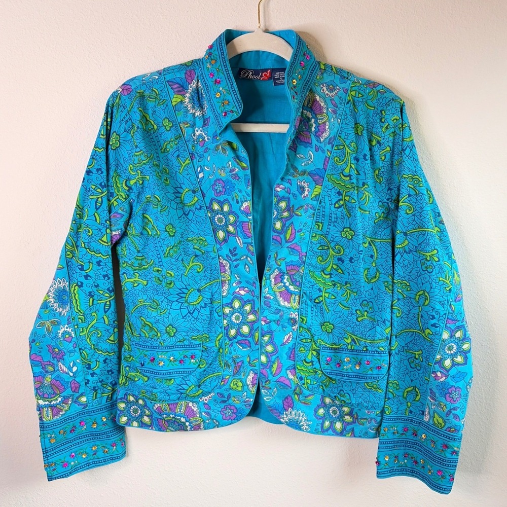 Phool Vntg Turquoise Blue Sz Small Sequined Paisley Boho Hippie Fairy Jacket F